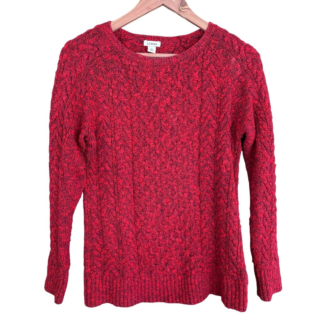 LL Bean Womens Cable Knit Fisherman Sweater S SP PS Red Blue L.L. Bean Prep